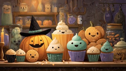 Pixel Art Halloween Treats Cute Cupcakes Pumpkins and Cookies on Rustic Table