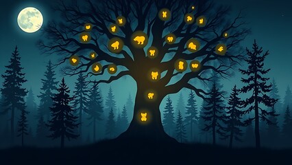 Mystical tree glowing with bear-shaped shadows in a moonlit forest, symbolizing curiosity.
