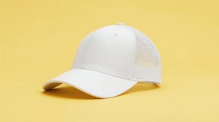 Fototapeta premium White baseball cap mockup. Blank trucker hat isolated on yellow background