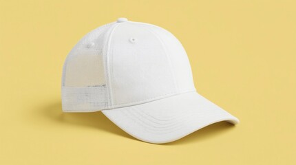 Fototapeta premium White baseball cap mockup. Blank trucker hat isolated on yellow background