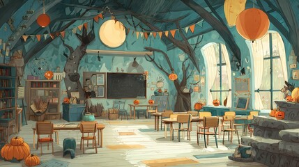 Enchanted Halloween Classroom Decorated with Pumpkins and Trees