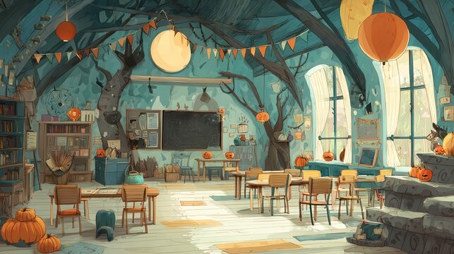 Enchanted Halloween Classroom Decorated with Pumpkins and Trees