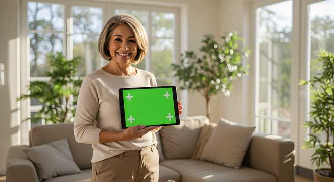 Smiling senior woman holding a tablet with a green screen, indoors. - Powered by Adobe