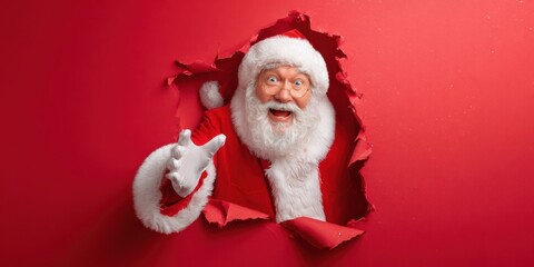 The joyful Santa breaking through a vibrant red background.