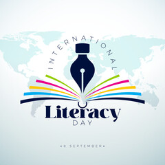 International Literacy Day Banner Illustration with Open Book Symbol and Earth Globe on Blue Background. Vector Education, Learning and Knowledge Illustration with Typography Lettering for Greeting