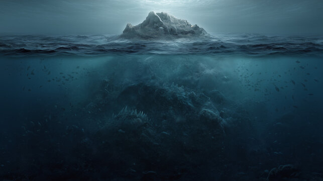 The Freudian unconscious mind represented as a vast, dark ocean beneath the tip of the iceberg of consciousness.