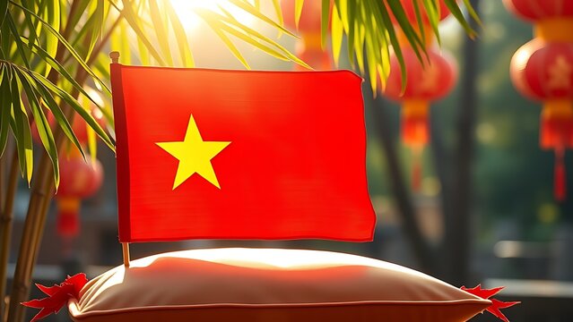 Vietnam National Day flag on silk cushion with bamboo leaves and lanterns