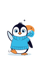 Fototapeta premium Cute penguin character waving hello with blue sweater and scarf