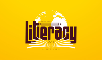 International Literacy Day Banner Illustration with Open Book Symbol and Earth Globe on Blue Background. Vector Education, Learning and Knowledge Illustration with Typography Lettering for Greeting