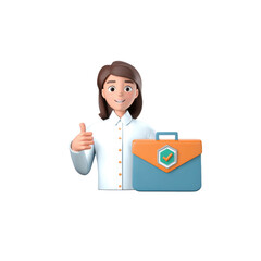 A businesswoman character showing a “thumbs up” gesture. Next to her is a two-color suitcase with a blue bottom and orange top, featuring a shield-shaped emblem with a check mark
