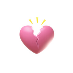 A digitally rendered pink heart appears fractured, displaying a jagged separation at its apex