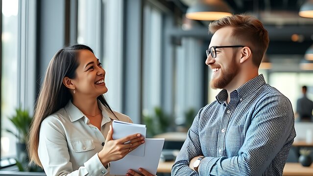 Two colleagues sharing ideas in a modern workspace with a friendly interaction and soft background.