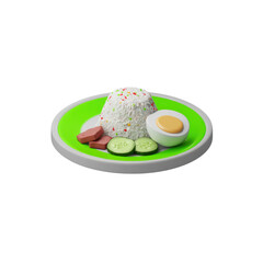 A plate with a pile of rice decorated with colorful sprinkles, slices of cucumber, pieces of meat, and a boiled egg cut in half