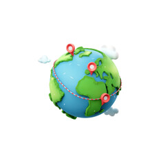 A globe with green continents and blue oceans. Red pins and a dotted line connecting some points are marked on the globe, symbolizing tracking and global financial transactions