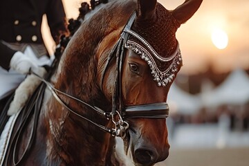 Obraz premium Elegant horse wearing decorated bridle during sunset equestrian event