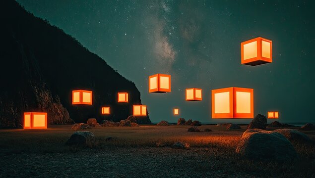 Illuminated orange cubes float in a starry night landscape