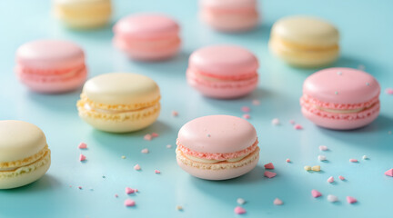 Colorful macarons scattered on a pastel blue background with sprinkles