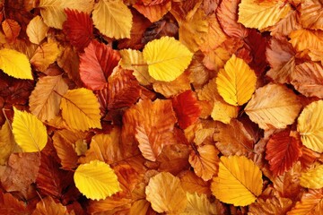 Autumn leaves carpet.  A close-up view of a ground covered in fallen leaves of varying shades of orange, red, and yellow.