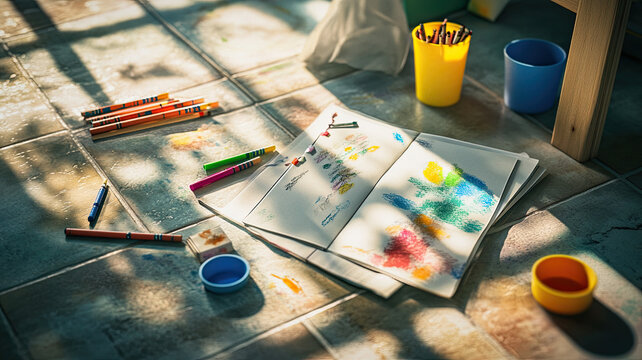 A cluttered artist's workspace with paintbrushes, paint palettes, and colorful paints scattered on a wooden table near a window.