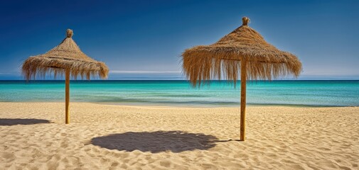The serene beach with straw umbrellas overlooking a tranquil ocean.
