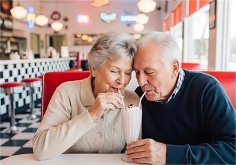 Intimate Nostalgic Senior Couple Sharing Milkshake in Classic Diner Booth