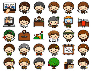 A diverse set of cute cartoon character icons representing various business professions and activities. Vector illustration collection of chibi people avatars for presentations and design.