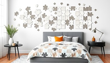Puzzle Palace Puzzle themed wall art a minimalist bed with puzzl