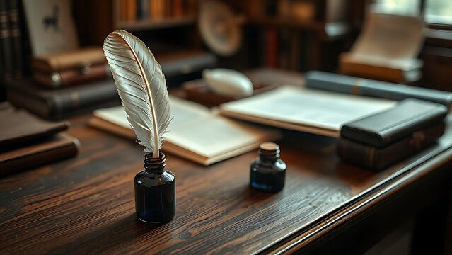 A vintage wooden desk featuring a feather quill and ink bottle in warm light.
