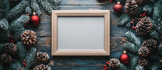 Blank Frame Surrounded by Christmas Decorations on Rustic Wood