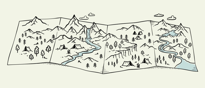 Cute hand drawn map with mountains, tents, trees, hills. illustrated landscape, adventure - great for banners, wallpapers, cards.