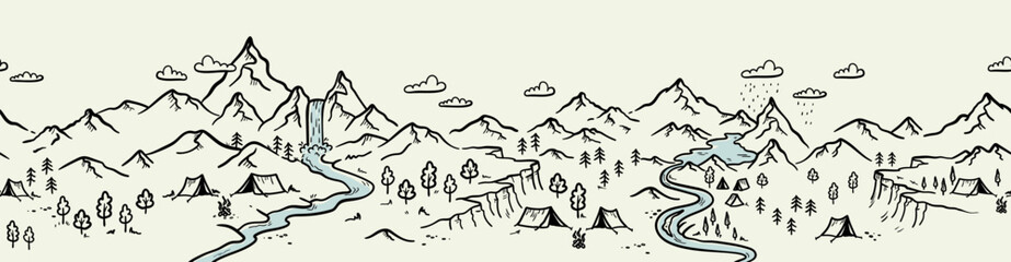 Cute hand drawn map with mountains, tents, trees, hills. illustrated landscape, adventure - great for banners, wallpapers, cards.