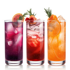 A bundle of rich ruby red, sparkling purple, and sunset-orange layered drinks. PNG set bundle, transparent isolated background. Mixology, bar menu cocktails, colorful vibrant refreshing drinks with gr
