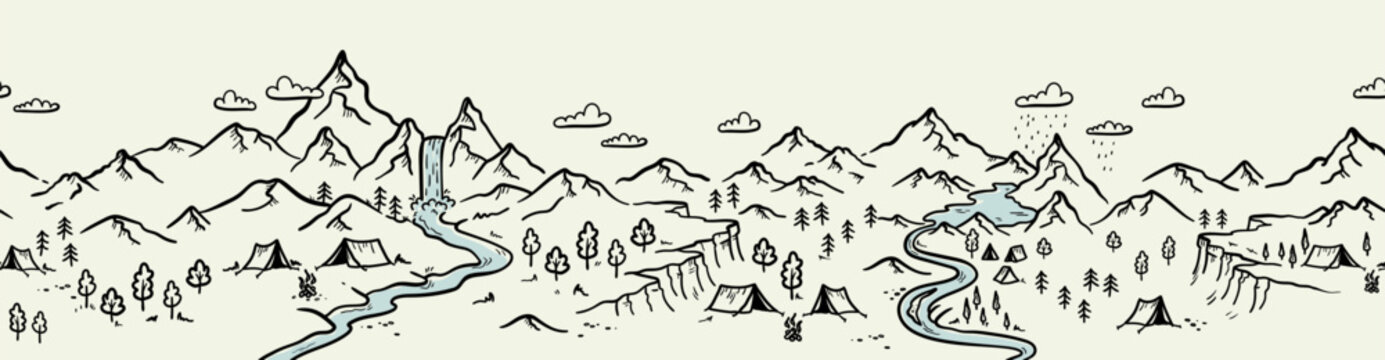 Cute hand drawn map with mountains, tents, trees, hills. illustrated landscape, adventure - great for banners, wallpapers, cards.