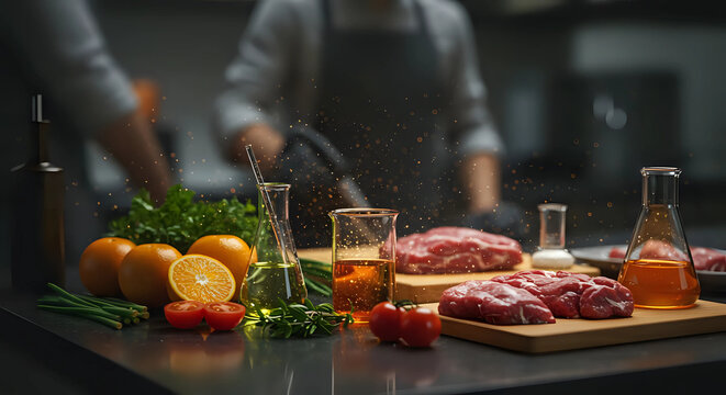 Fresh ingredients, vegetables and meat with laboratory flasks on modern food research kitchen, scientists or chefs working in the background - experiment, food science and culinary innovation concept - Powered by Adobe