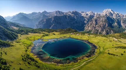 Fototapeta premium Stunning aerial view of a perfect deep blue lake with mountains in the background, clear skies, grassy meadows around, showcasing nature's beauty and creating a serene atmosphere.