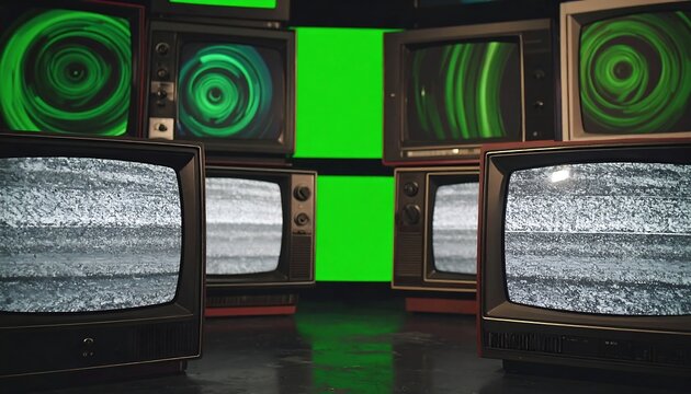 Vintage television screens displaying static and green screen effects - Powered by Adobe