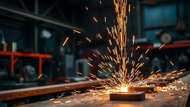 A close-up of a metal workshop with glowing sparks and dramatic lighting.