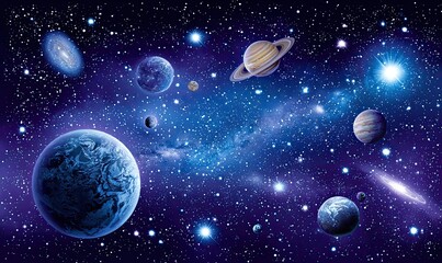 Cosmic expanse with planets and stars