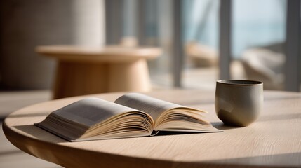 Naklejka premium cozy cafe scene with an open book on a wooden table. A ceramic cup sits beside the book, with soft natural light illuminating the space.