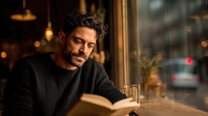 man with curly hair reads a book in a cozy cafe. Soft lighting and a city view create a calm atmosphere.