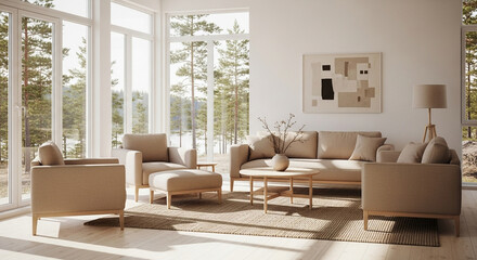 Serene Modern Scandinavian Living Room bathed in Natural Light with Warm Earthy Tones