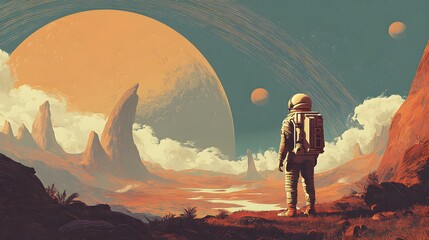 illustration of a space explorer in a vintage-style spacesuit, standing on a distant planet with a retro-sci-fi aesthetic