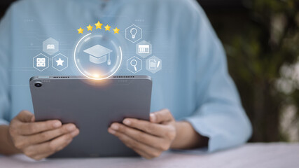 Online learning and education concept with digital tablet and icons