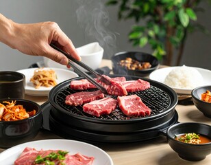 Hand Grilling Sliced Steak On Round Grill