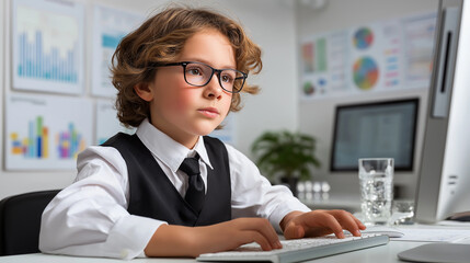 Child businessman working at computer desk, formal black vest and tie, glasses, modern office environment with charts on wall, corporate setting ,inspiration.