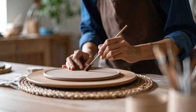 Hands Painting Pottery Plate On Wooden Table