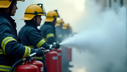 Team of professional firefighters in full protective gear and helmets, practicing a fire safety drill by using red fire extinguishers in coordinated line - emergency response training and teamwork 