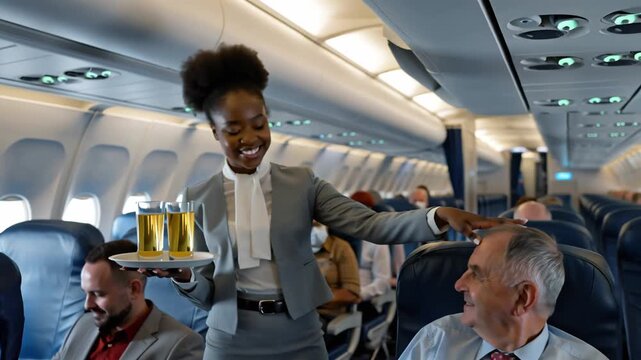 Positive young African American flight attendant offers drinks to passengers on plane