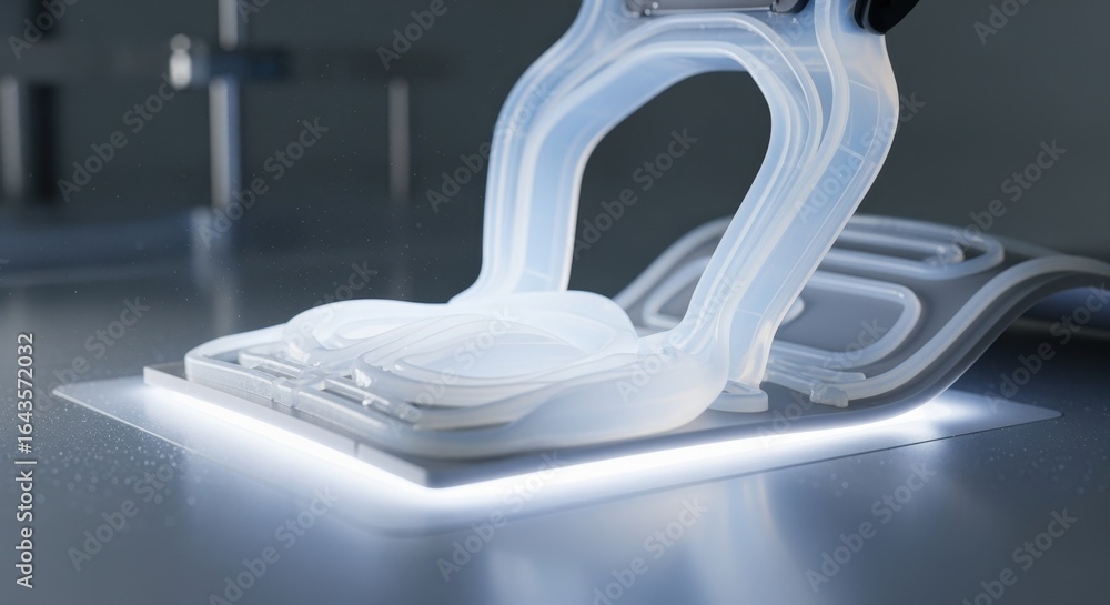 Poster macro shot of silicone material curing on a soft robotic gripper component inside a controlled clean