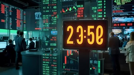 Dynamic stock traders analyze market data on large screens, a countdown clock ticking during intense financial trading. - Powered by Adobe